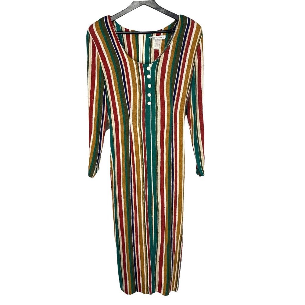 Vintage 90s Flax Blend Stripe Long Sleeve Dress Medium